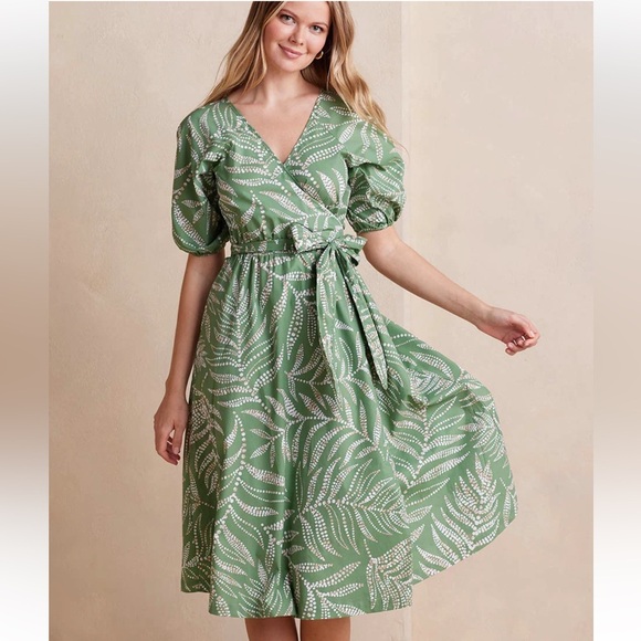 Summersalt The Coastal Poplin Puff-Sleeve Wrap
Midi Dress Green White Sz Large - Picture 1 of 15
